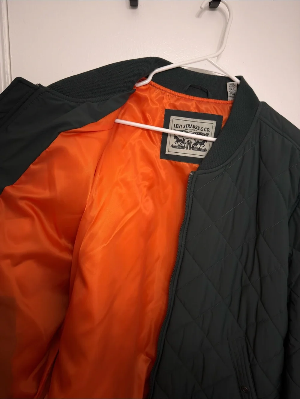 Levi's Quilted Bomber Jacket in Deep Green with Orange Lining